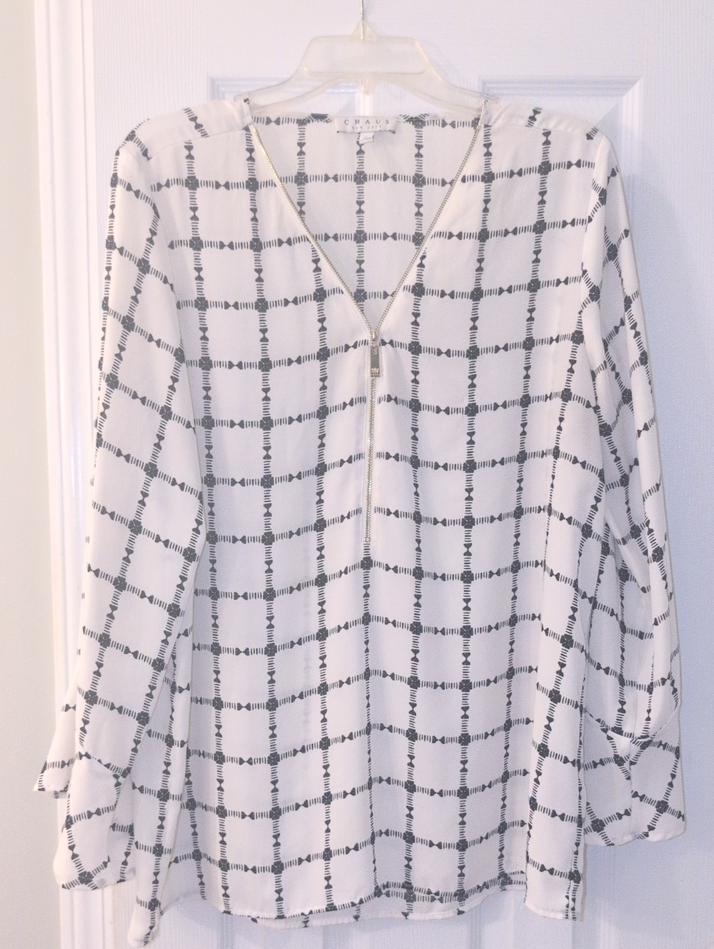 Chaus White V-Neck Blouse with Black Grid